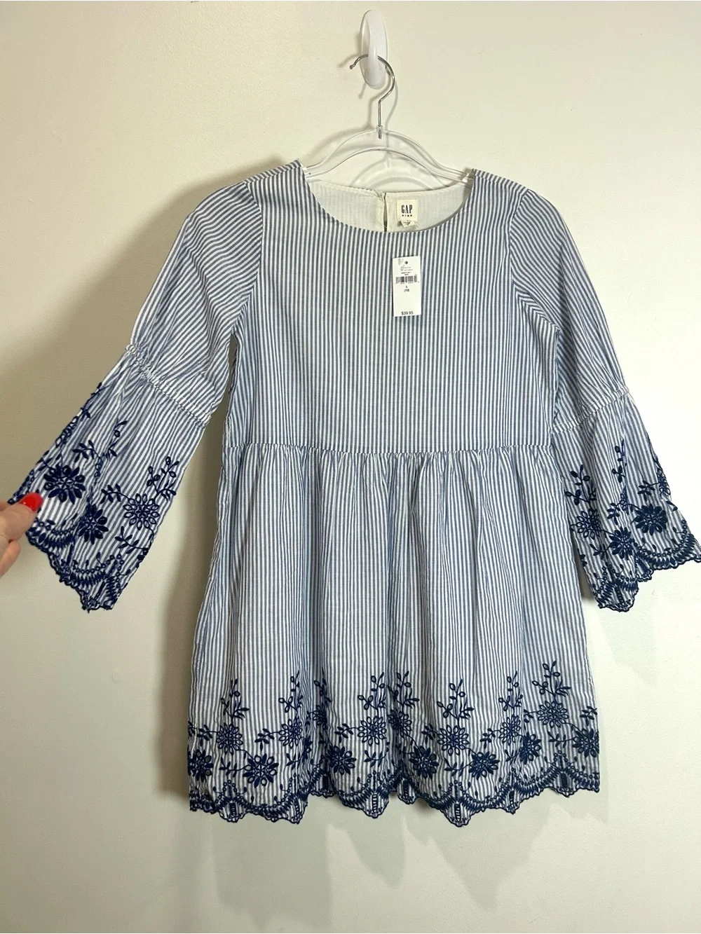 NEW Gap Kids Embroidered Dress Bell Sleeve Boho Cottagecore Size L (10) Stripes